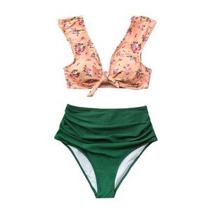 Cupshe High Waisted Bikini pink floral and green